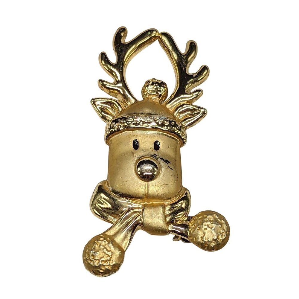 Vintage Gold-Tone Reindeer Brooch Pin With Scarf and Pom-Poms By AJC